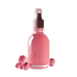 a bottle of pink liquid on a white background