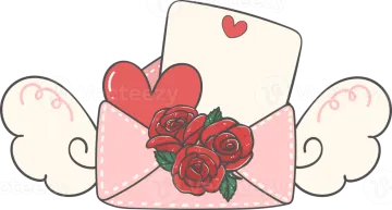 a pink envelope with red roses and hearts