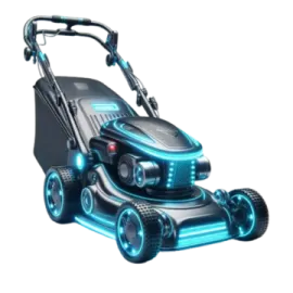 an electric lawn mower with blue lights