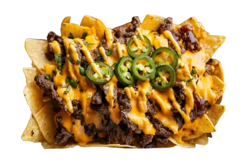 a tray of naitoos with cheese, beef and peppers