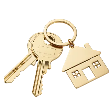 a gold key with a house shaped keychai