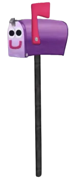 a purple and black mailbox with a smiling face on it