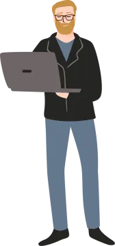 a man with glasses holding a laptop