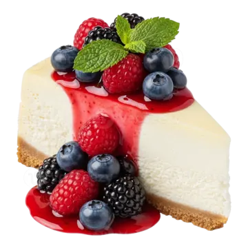 a piece of cheese cake with berries and blueberries