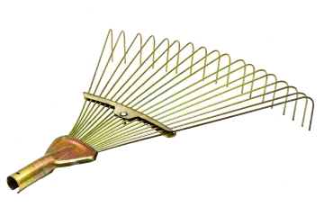 a metal rake with a long handle