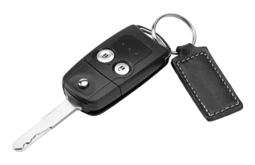 a black leather key case with two keys
