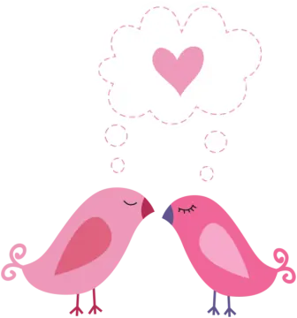 two pink birds kissing with a heart above them