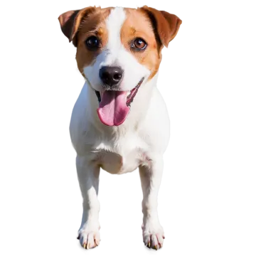a brown and white dog with its tongue out
