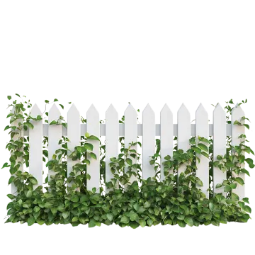 a white picket fence with green plants growing on it