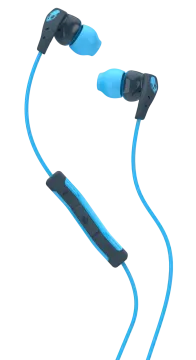 a pair of blue earphones on white background