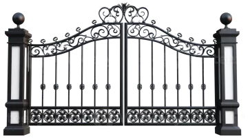 a black wrought fence with an ornate design