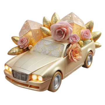 a gold car decorated with roses and bows