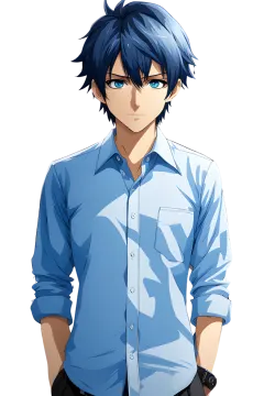 a man in a blue shirt and black pants standing with his hands on his hips