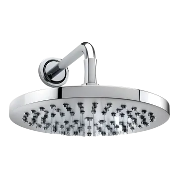 a chrome finish shower head with therm