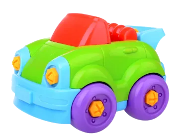 a toy car that is green, purple and red