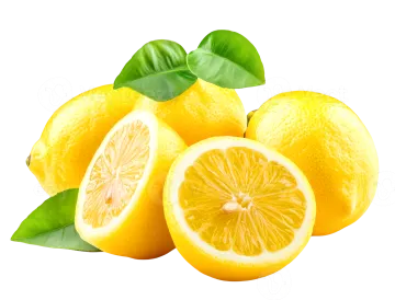 a bunch of lemons with green leaves