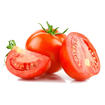a tomato cut in half on a white background