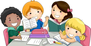 a group of children sitting around a table reading books