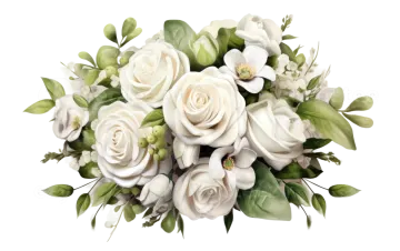 a bouquet of white roses and green leaves