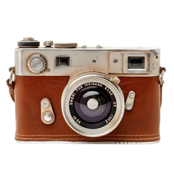 an old camera with a brown leather case