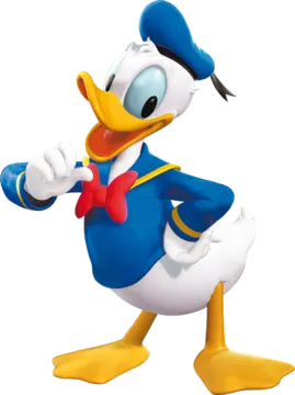 a cartoon duck in a blue suit and bow tie