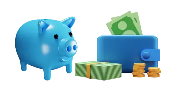 a blue pig with stacks of money next to it