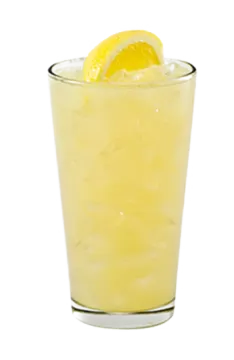 a glass filled with ice and a lemon slice
