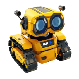 a yellow and black robot toy with blue eyes