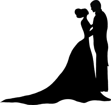 a silhouette of a bride and groom kissing