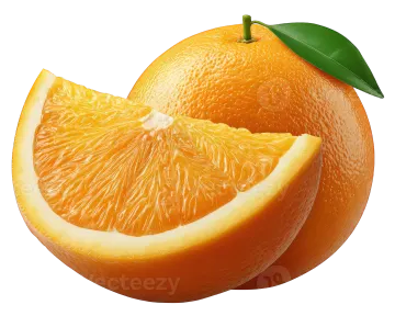 an orange cut in half with a green leaf