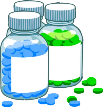two bottles filled with blue and green pills