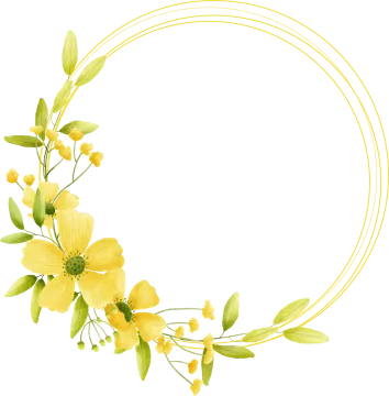 a circular frame with yellow flowers and green leaves