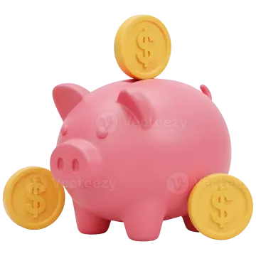 a pink piggy with gold coins on top