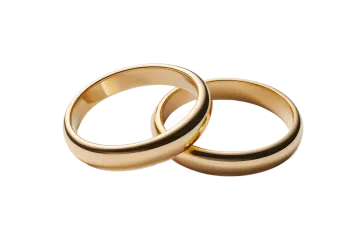 two gold wedding rings on white background