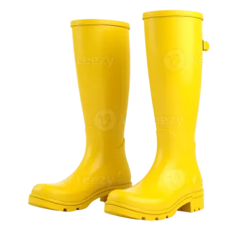 a pair of yellow rain boots on a white background