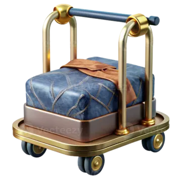 a blue suitcase with gold handles and wheels