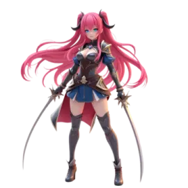 a woman with long pink hair and a sword