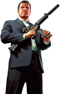 a man in a suit holding a gun