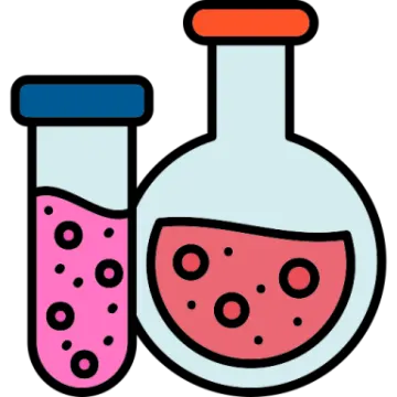 a beak and test tube with pink liquid