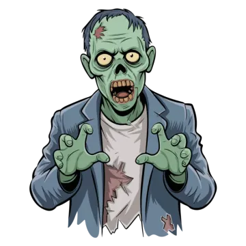 a cartoon zombie in a suit pointing at the camera