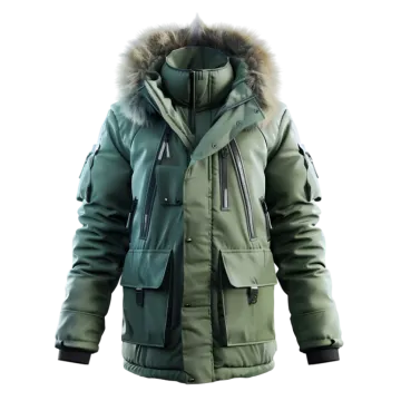 a green parka jacket with a fur hood