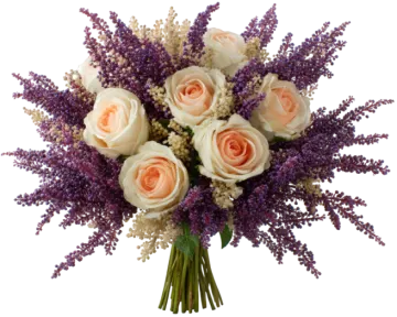 a bouquet of white roses and lavenders