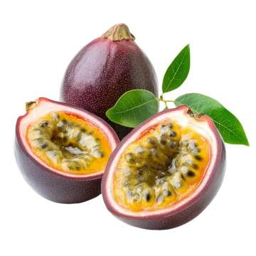 a passion fruit cut in half on a white background