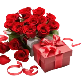 a bouquet of red roses and a gift box
