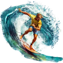 a painting of a man surfing on a wave