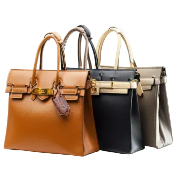 a row of hermes handbags