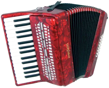 a red accordion with white keys