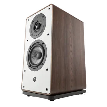 a wooden speaker on a white background