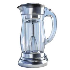 a glass blender with a metal handle