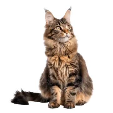 a long haired cat sitting down and looking up